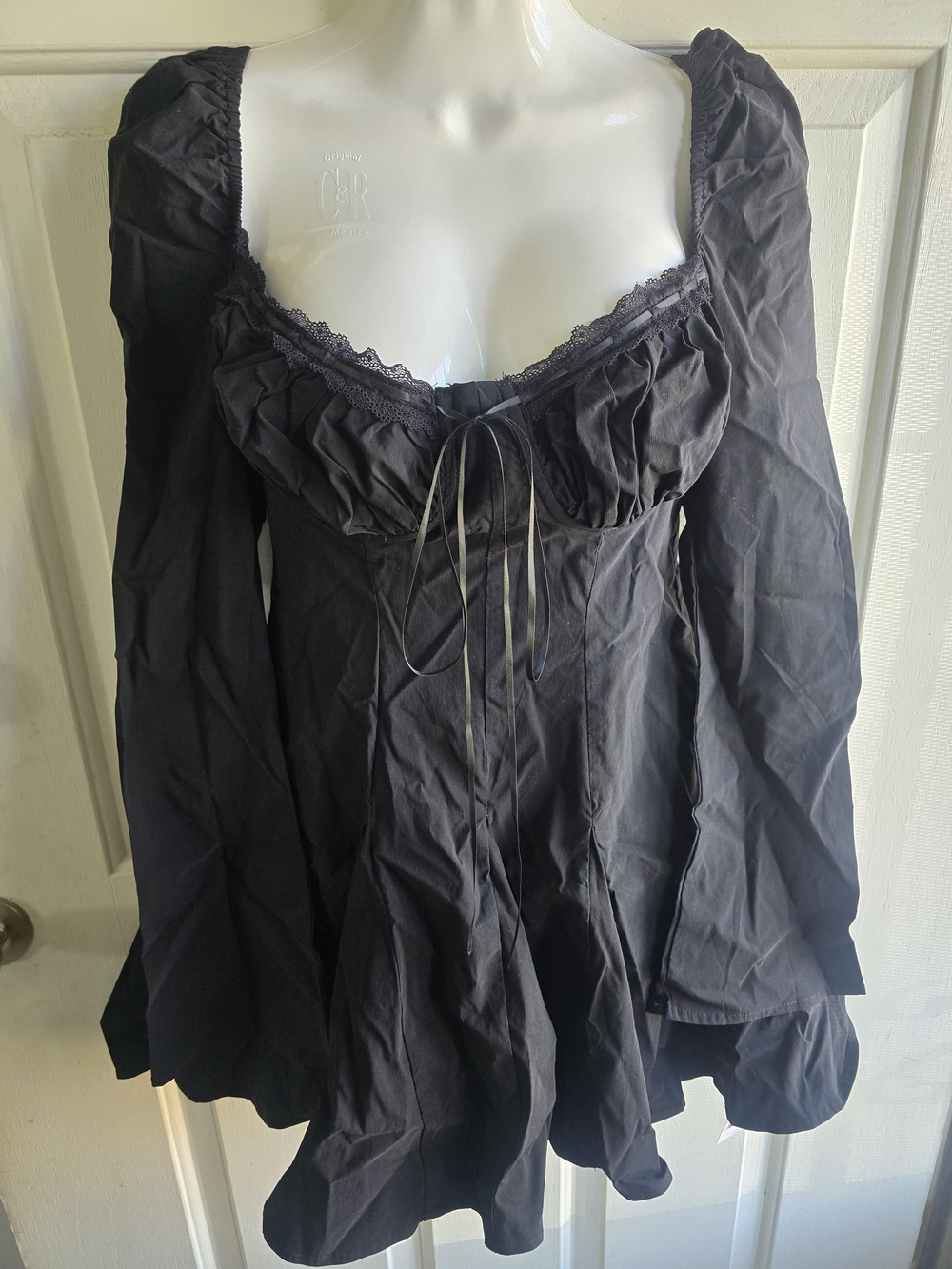 Black Long-Sleeve Mini Dress with Lace-Trim Bodice